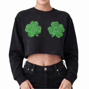St. Patrick’s Day Shamrock Crop Sweatshirt M Black Green Glitter Lucky Top
